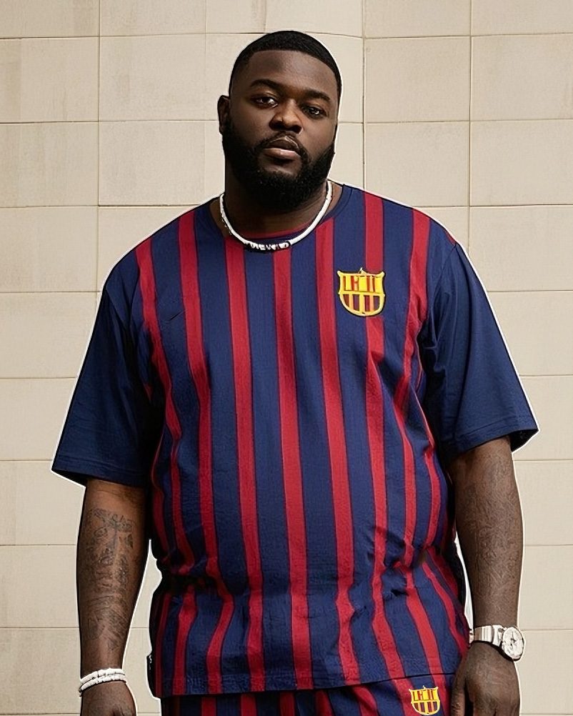 Big Boys Casual Sports Football Fans Barcelona Striped Design Round Neck Short Sleeve T-Shirt Trousers Suit