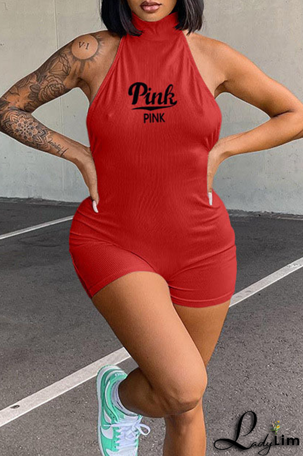 Red Sexy Print Patchwork Halter Skinny Jumpsuits