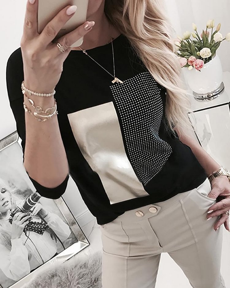 Hot Stamping Colorblock Round Neck Long Sleeve T-shirt P12369