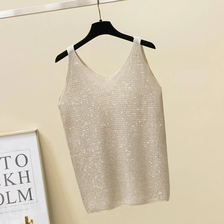 Sexy shiny Knitted Top Summer v-neck diamonds Tank top Women Slim Top Female bling sleeveless t-shirt Vest Camis