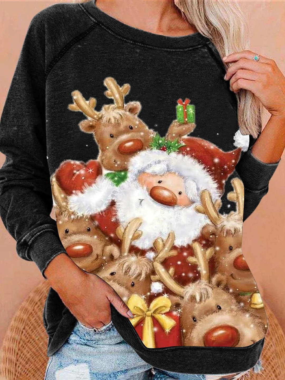 Women Long Sleeve Scoop Neck Printed Tops