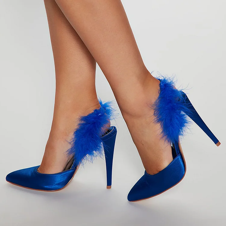 Blue Pointed Satin Heels Elegant Stiletto Pumps Slingback Furry Shoes |FSJ Shoes