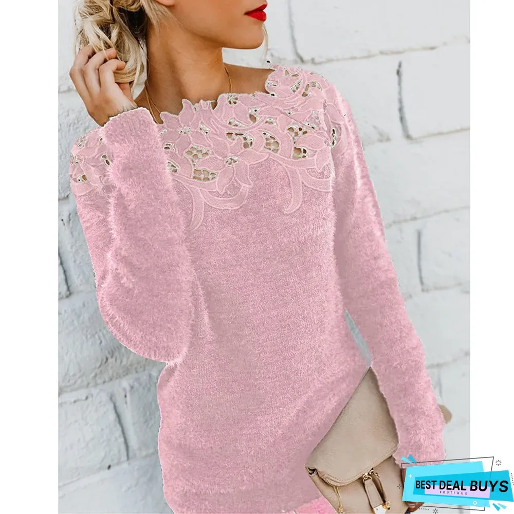 Long Sleeved Sweater Stitched Solid Lace Sweater