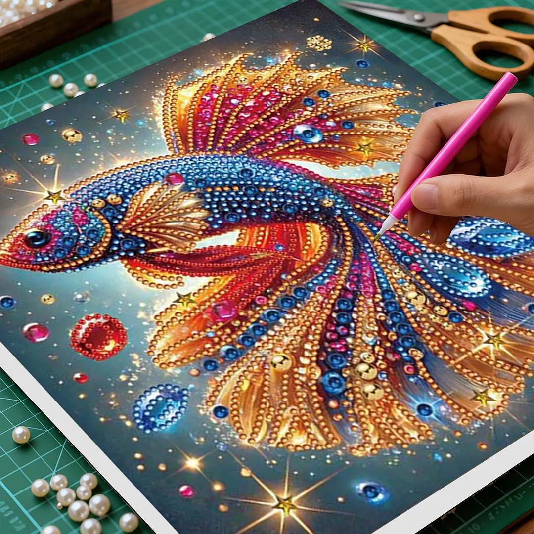 Fish DIY Special Shape Drill Art Craft Pearl Diamond Painting with Frame 25x25cm Diamond Art Pearl Painting Kit for Adults Beginners Home Decor