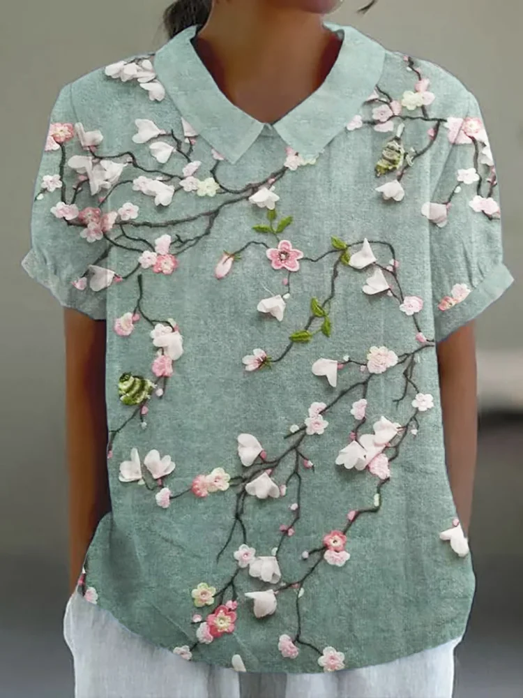 Cherry Blossom 3D Embroidered Lace Linen Blend Tunic
