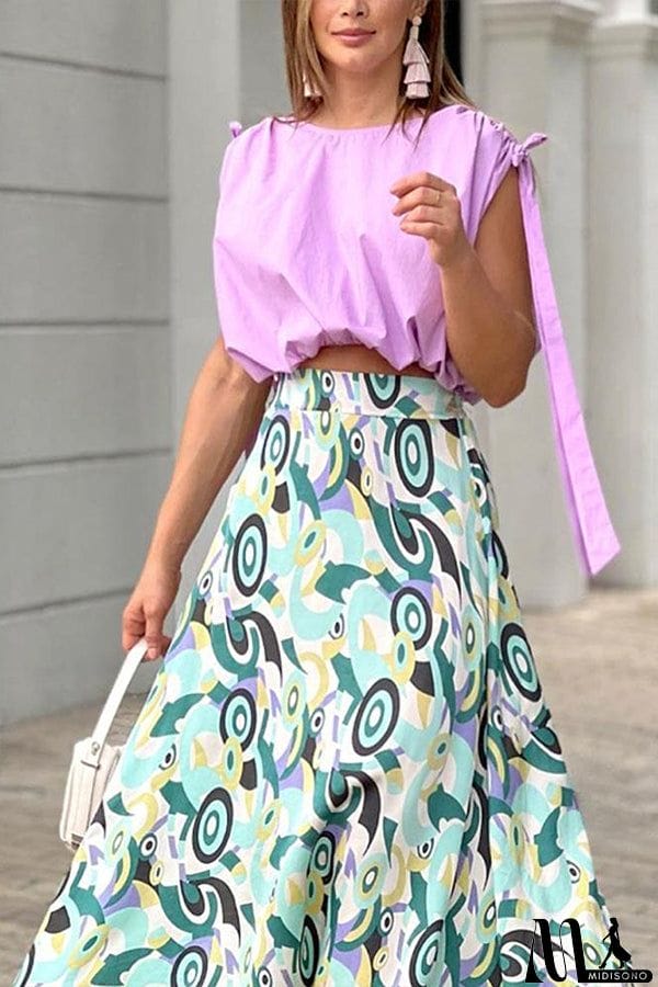 MidiSono - Taro Purple Short Top Printed Skirt Suit