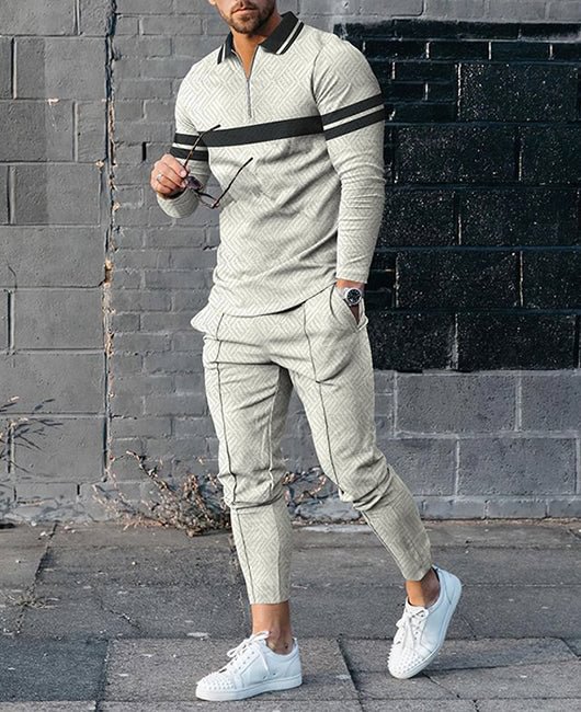 Contrast Collar Striped Print Half Zipper Shirt & Pants Set