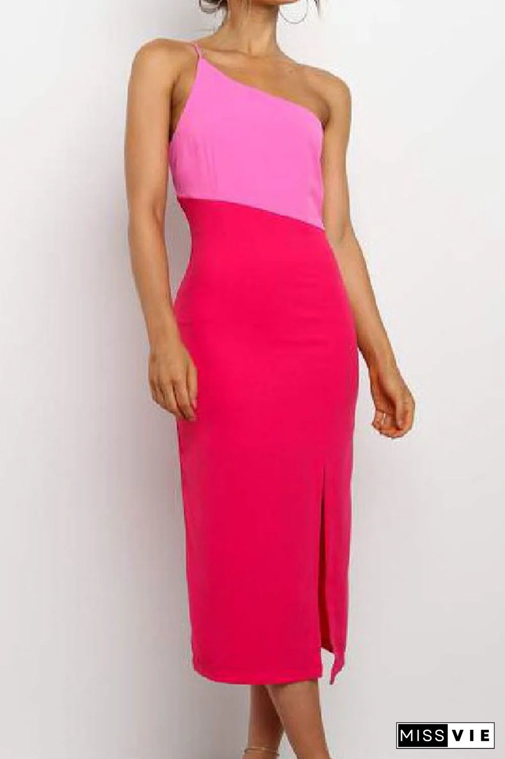 Elegant Patchwork Slit Contrast Oblique Collar Pencil Skirt Dresses