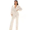 Women's Sequins Deep V-neck Long Sleeve Jumpsuit Trousers