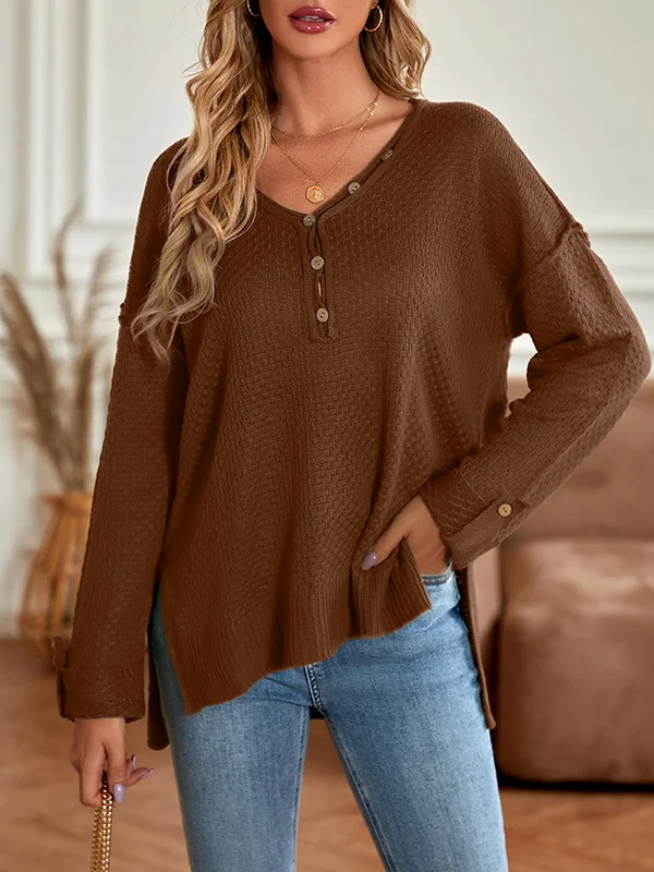 Split-Side Buttoned Loose Long Sleeves V-Neck Sweater Tops Pullovers