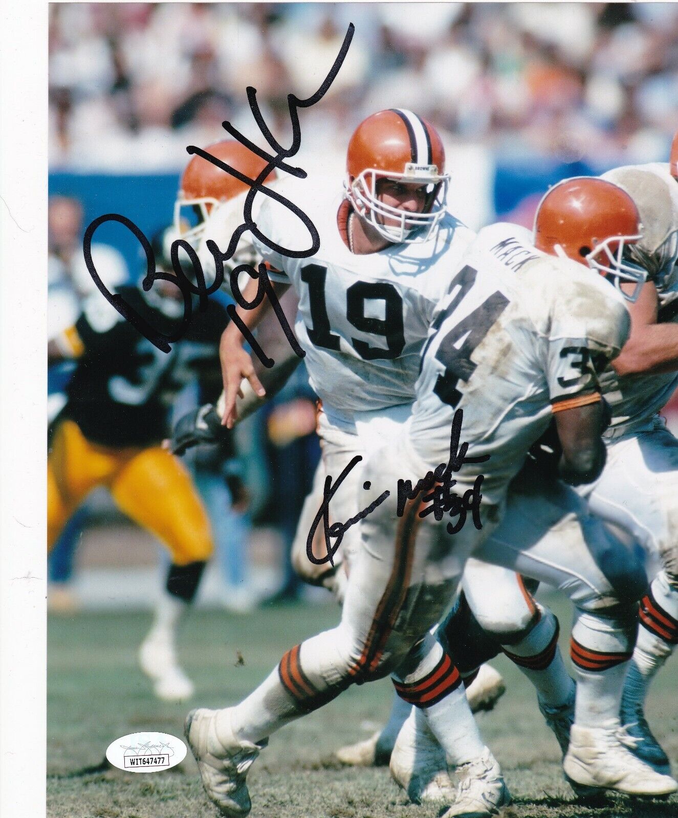 BERNIE KOSAR / KEVIN MACK CLEVELAND BROWNS JSA AUTHENTICATED ACTION SIGNED 8X10