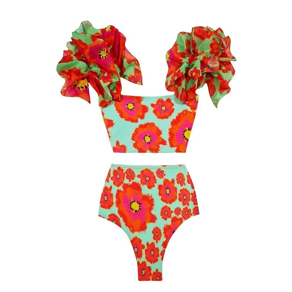 2021 New Sexy Ruffle Bikini Set High Waist Print Floral Swimsuit Strappy Swimwear Women Bathing Suit Summer Beach Wear biquini