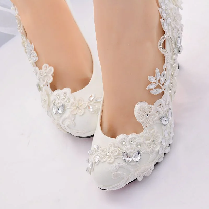 Vstacam  Wedding Shoes Bride Lace Pumps Women Shoes With Crystal High Heels Pointed Toe Shoes Pumps Ladies Shoes High-Heeled Talon Femme