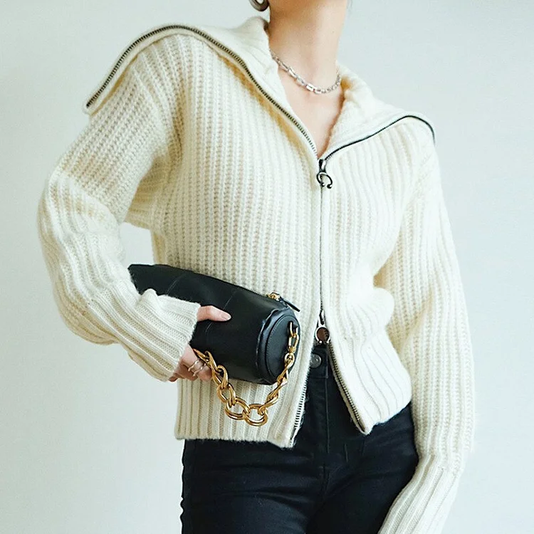 Simple Solid Color Sailor Collar Long Sleeve Zip-up Short Sweater Coat