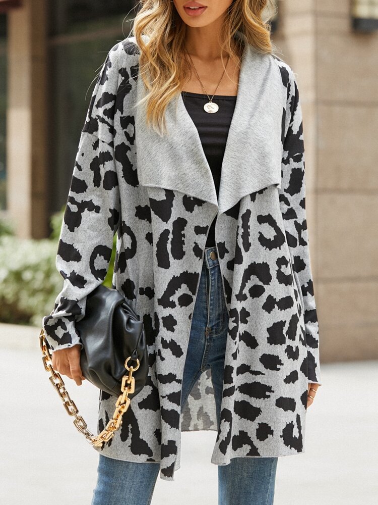 Women Leopard Print Lapel Collar Long Sleeve Casual Cardigan - BlackFridayBuys