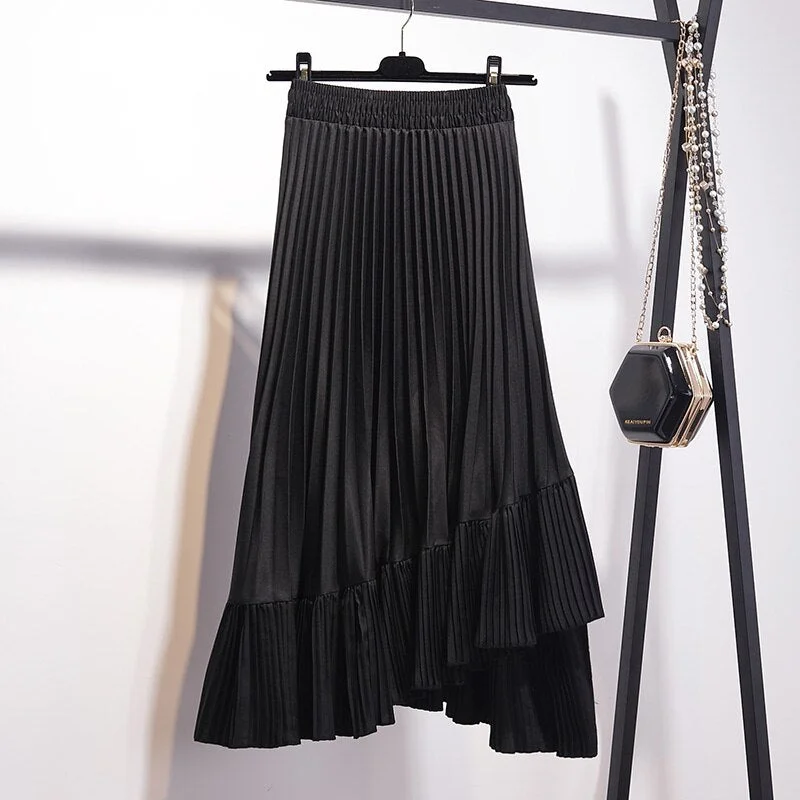 Midi Pleated Skirt Women High Street Fashion Irregular Skirts Womens Elastic High Waist A Line Asymmetrical Skirt High Quality