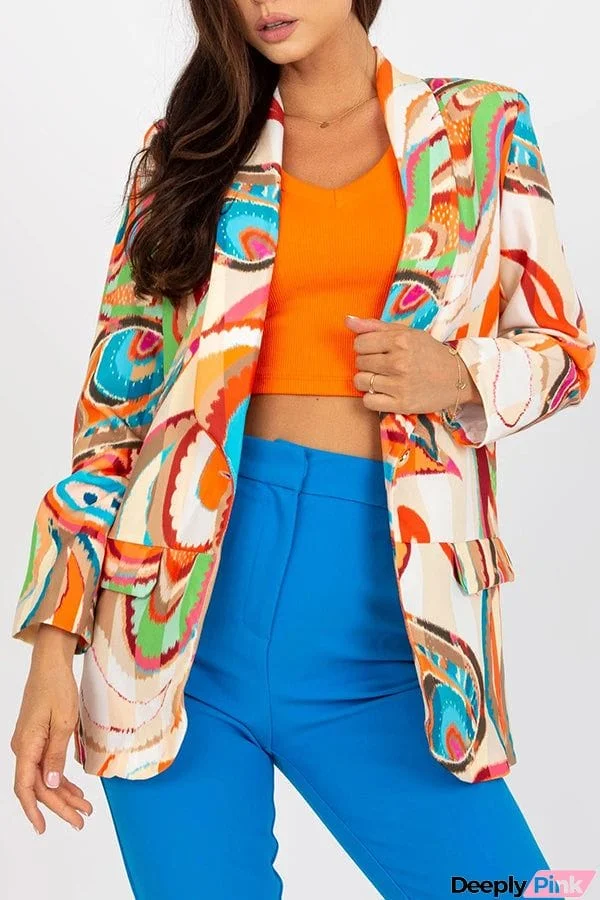 Multicolor Graphic Print Lapel Long Sleeve Blazer