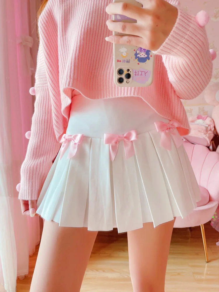 Kawaii Bow White Pleated Short Skirt