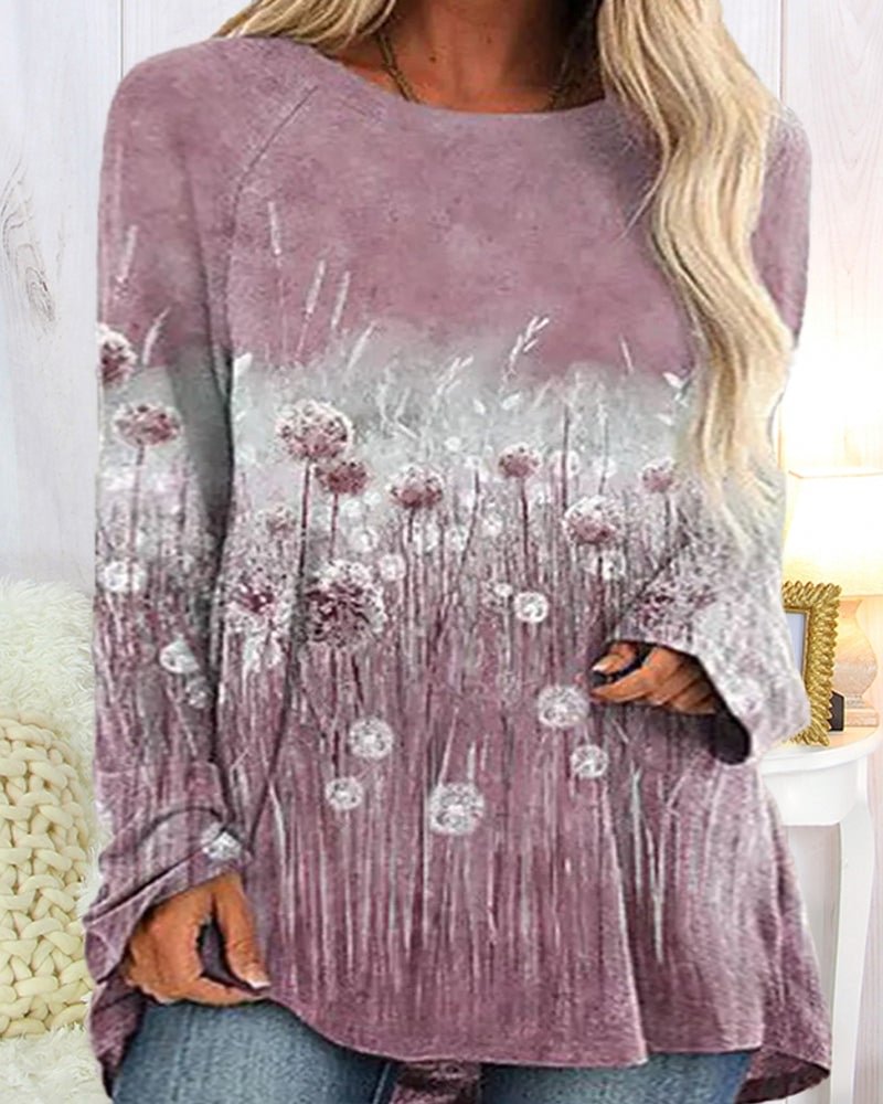 Dandelion Print Long Sleeve Round Neck Top