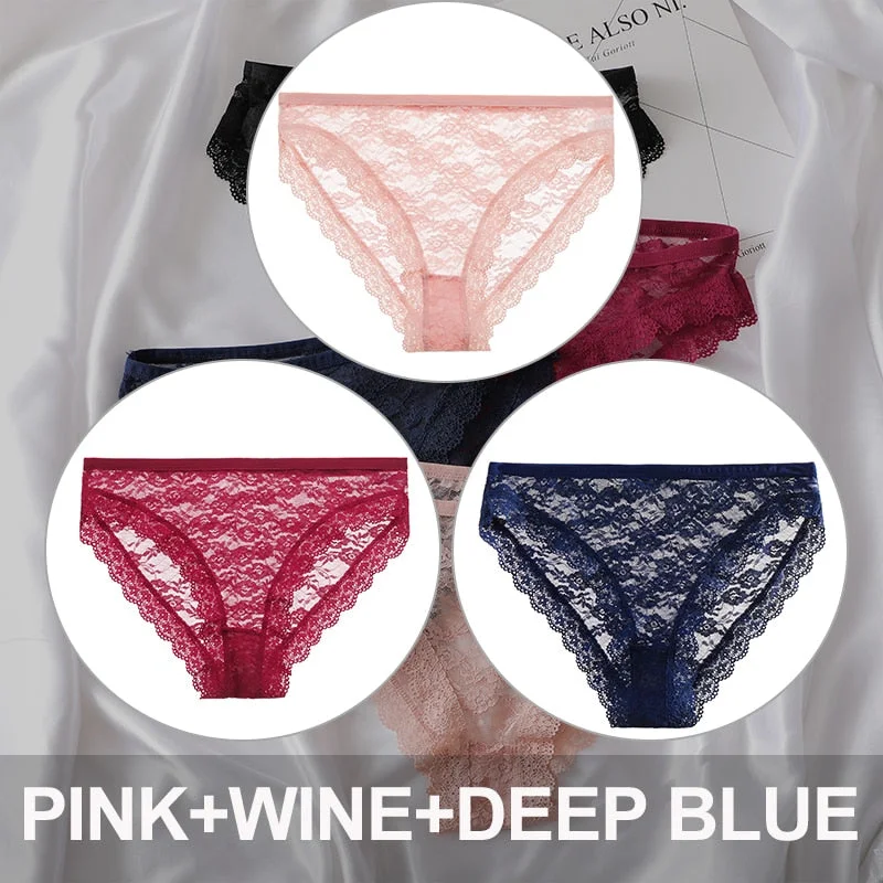 FINETOO 3PCS/Set Floral Lace Sexy Women Lingerie Panties M-2XL Plus Size Underpants Transparent Female Comfortable Briefs Girls