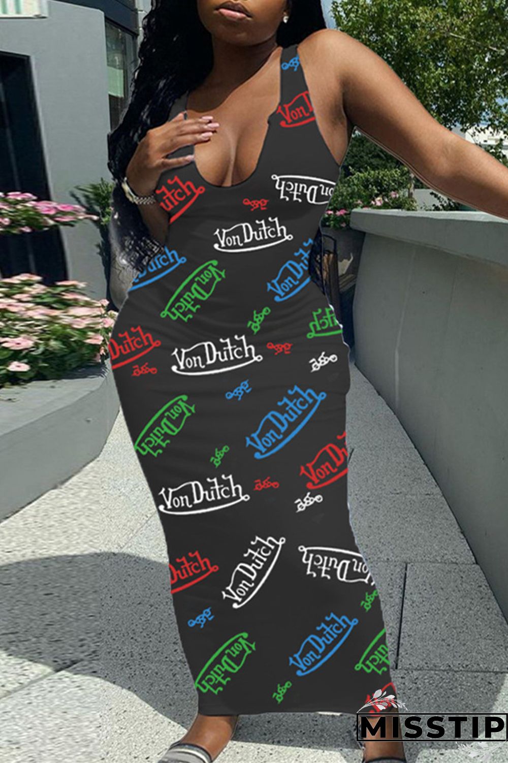Pink Sexy Casual Letter Print Basic U Neck Vest Dress