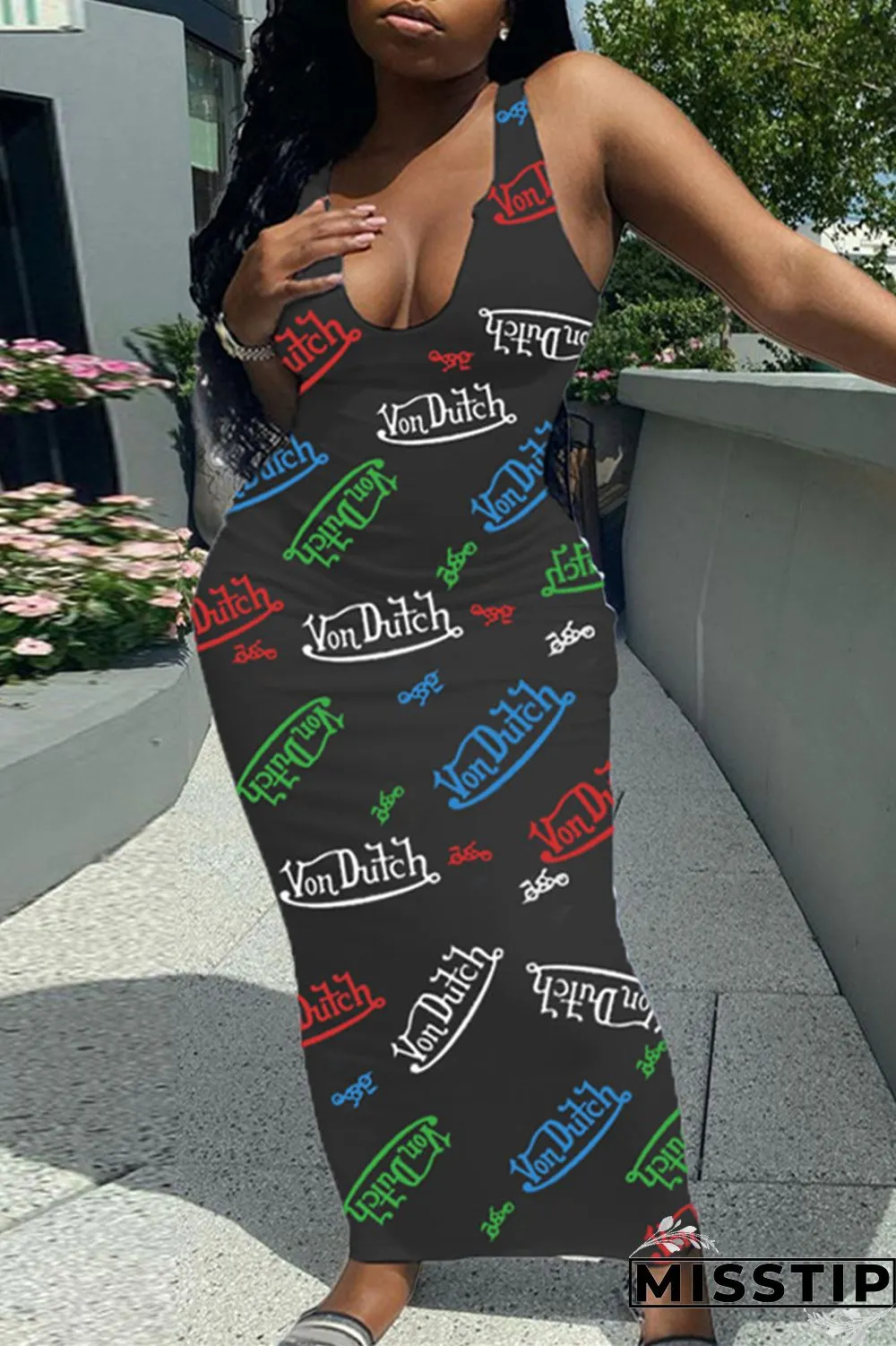 Pink Sexy Casual Letter Print Basic U Neck Vest Dress