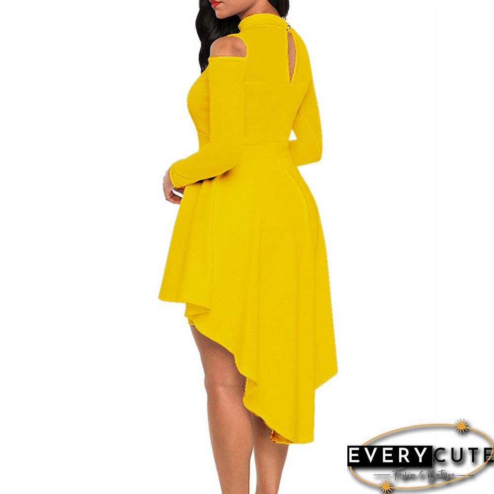Yellow Sheer Mesh Trim Hi Lo Peplum Bodycon Dress