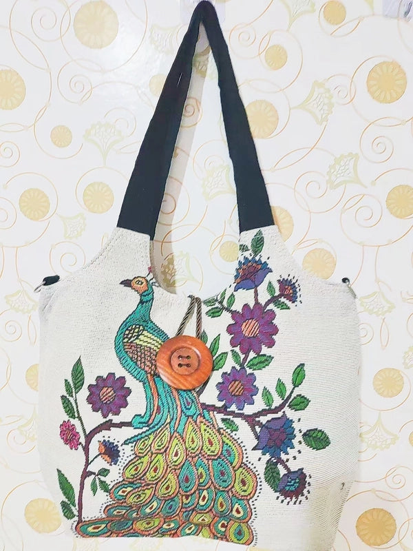 Women’s Large Canvas Elephant Ethnic Style Square Zipper Shoulder Bag