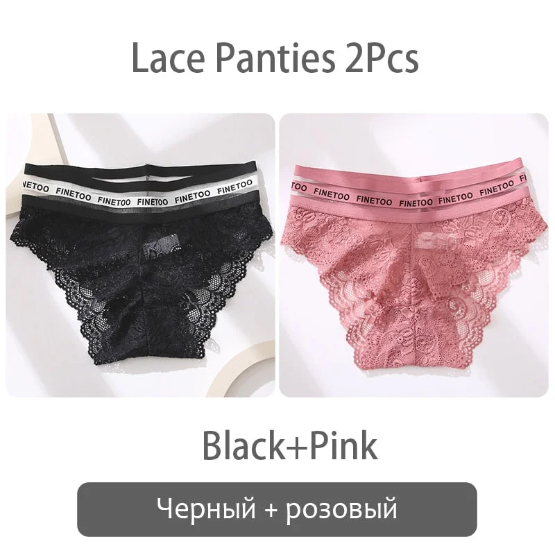 FINETOO 2Pcs Lace Panties Women Sexy Transparent Briefs Low Waist Floral Underwear Fashion Ladies Underpants L-2XL Girl Lingerie