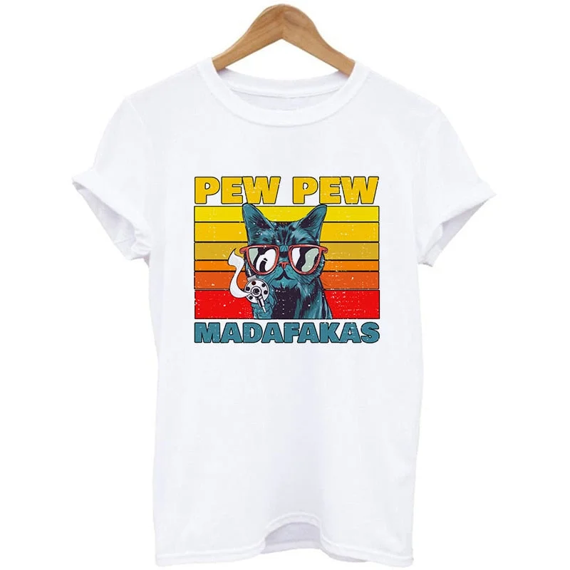 Murderous Black Cat With Gun Funny White T Shirt Pew Pew Madafakas Print Oversized T-shirt Women Short Sleeve Top Female Tshirt