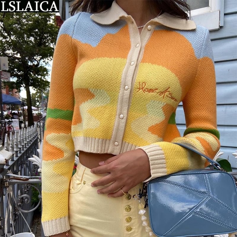 Woman Sweaters Fashion Long Sleeve Turn-down Collar Female Short Yellow Top Fall 2020 Women Casual Cropped Cardigan Sweater