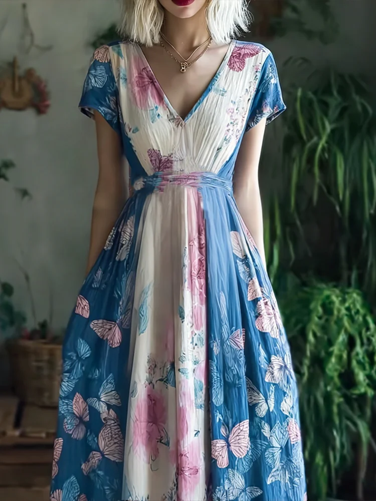 Retro Butterfly Print Transgender Colorblock Patchwork Dress