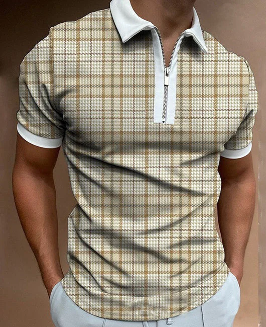 Casual Houndstooth Lapel Collar Half Zip Neckline Short Sleeve Polo Shirt Okaywear
