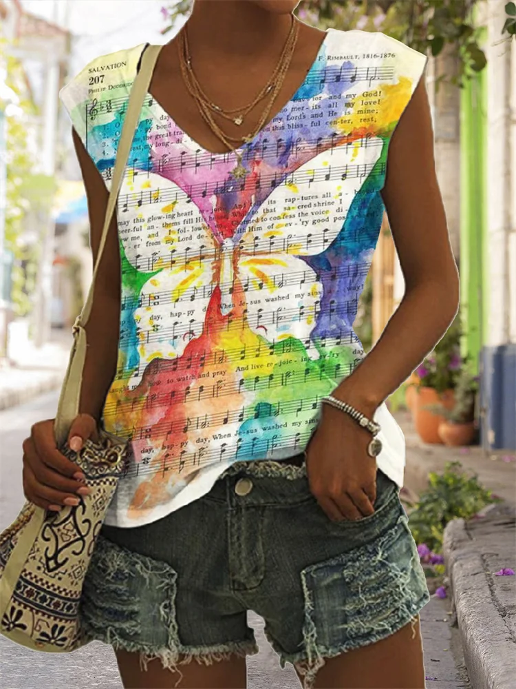 Sheet Music Butterfly Watercolor V Neck Tank Top