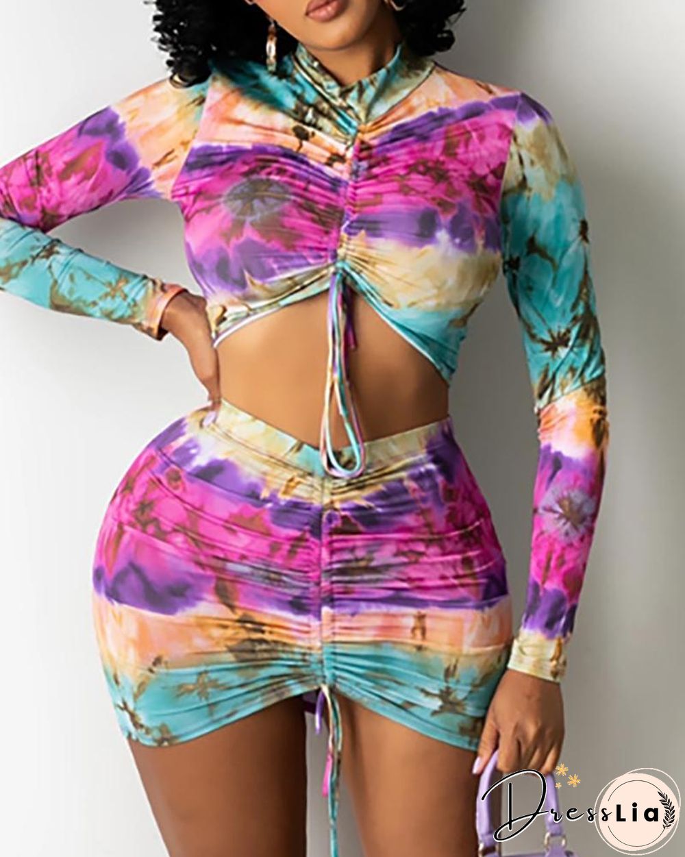 Tie Dye Print Long Sleeve Drawstring Crop Top & Skirt Set