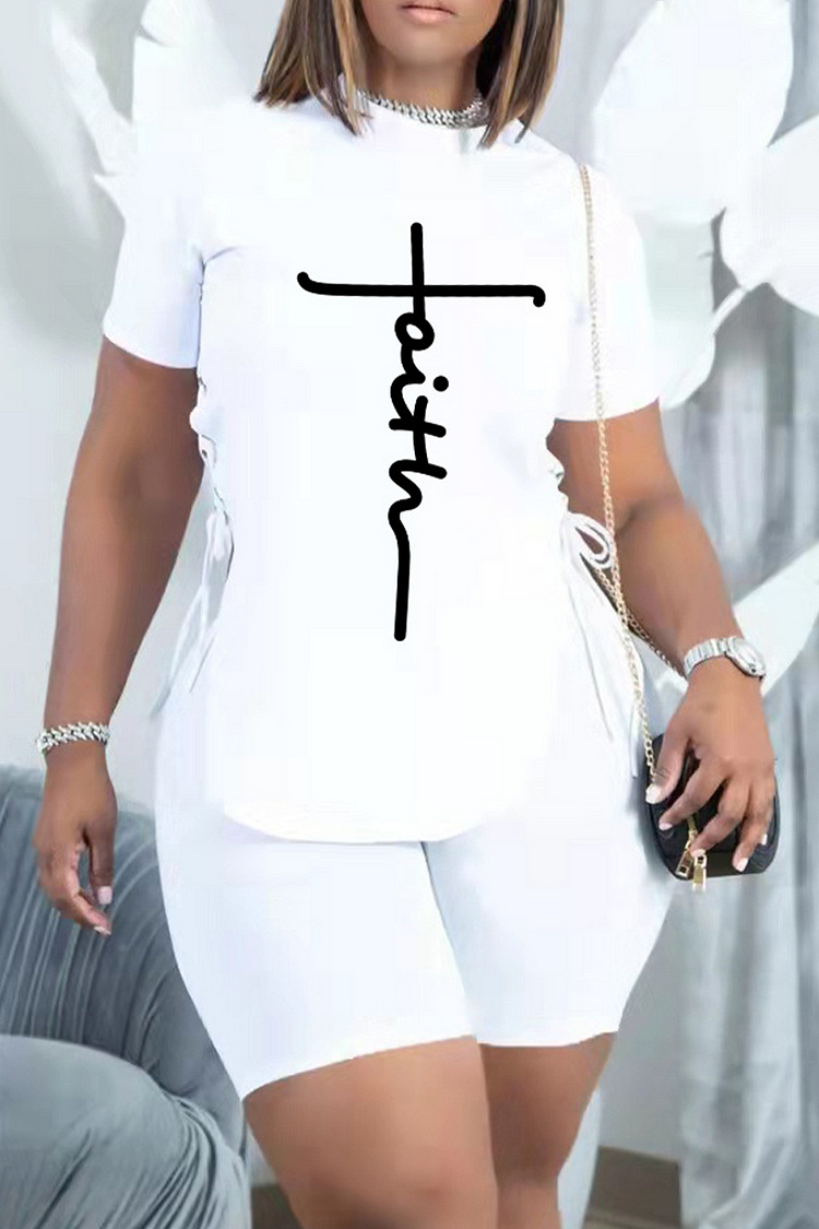 White Casual Print Draw String O Neck Short Sleeve Two Pieces
