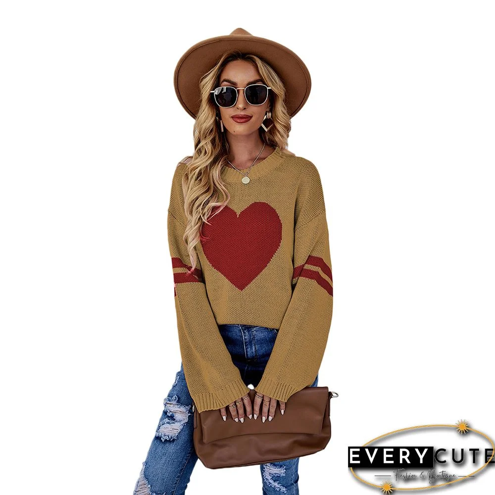 Yellow Heart Print Stripes Long Sleeve Sweater