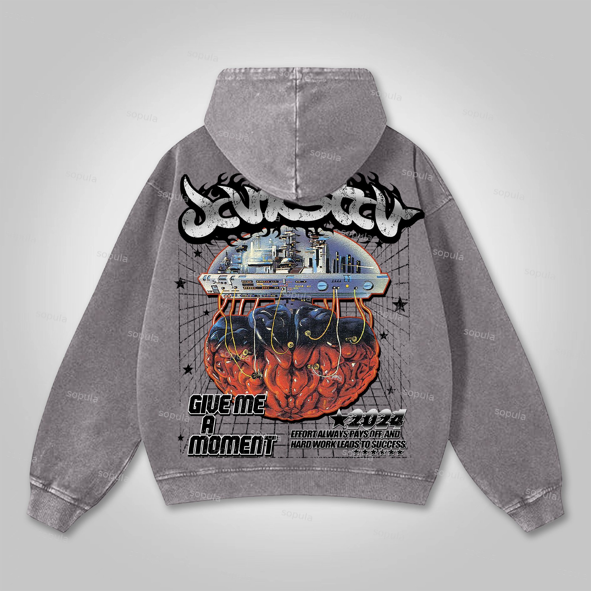 Sopula Colorful Brain Graphic Washed Pocket Hoodie