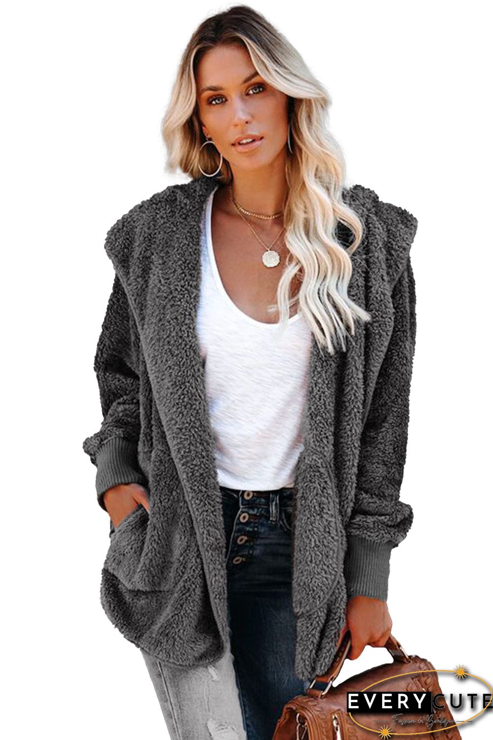 Soft Fleece Hooded Open Front Coat