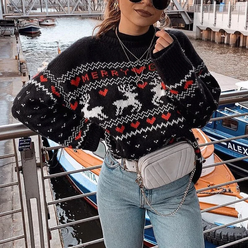 Simplee O-neck Fashion Christmas sweaters women long sleeve Autumn winter deer print knitted female pullover Chic ladies sweater