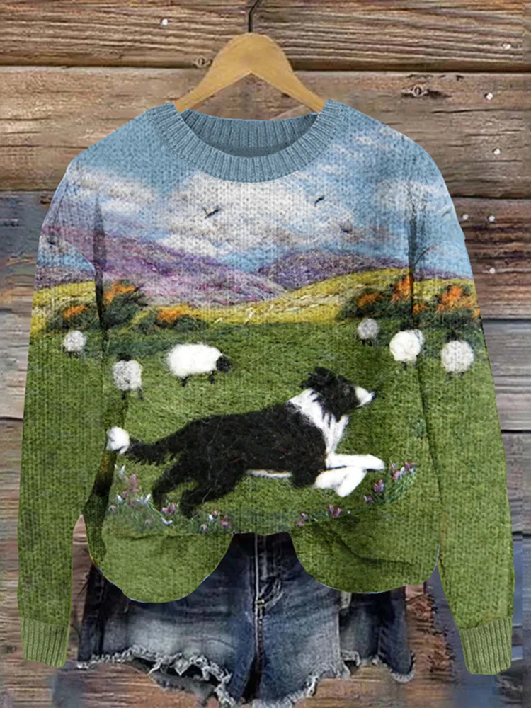 Funny Running Sheepdog Wool Felt Cozy Knit Sweater