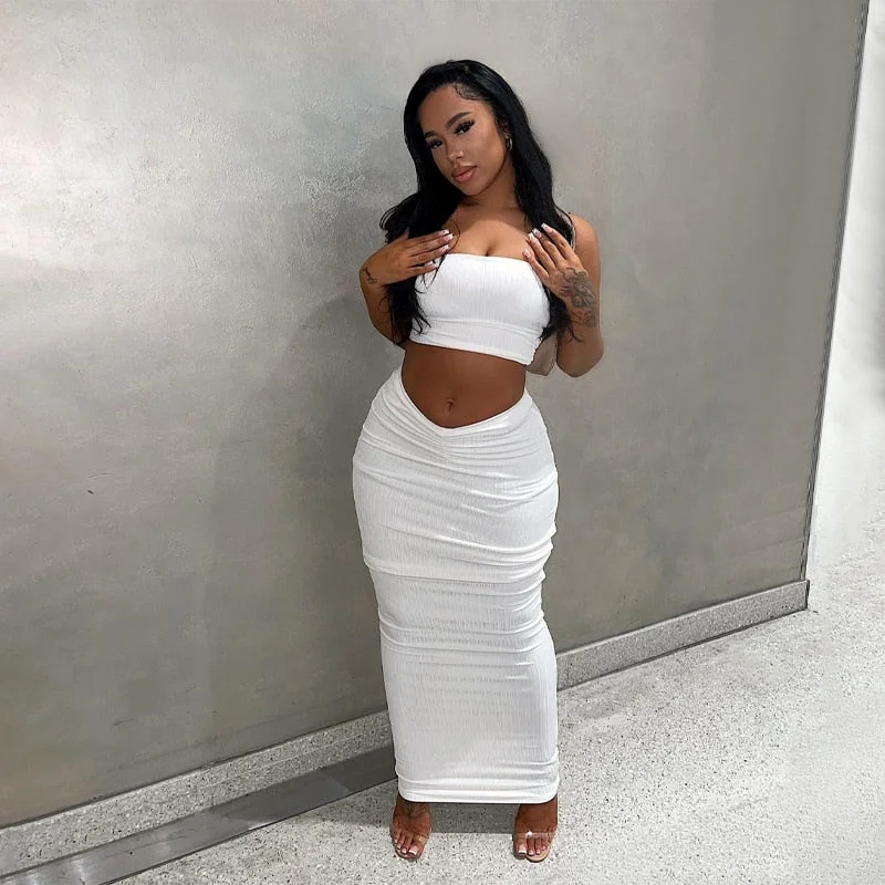 Hugcitar Solid Strapless Tube Crop Top Ruched Maxi Dress 2 Pieces Bodycon 2022 Summer Women Outfit Streetwear Party Y2K Vendor