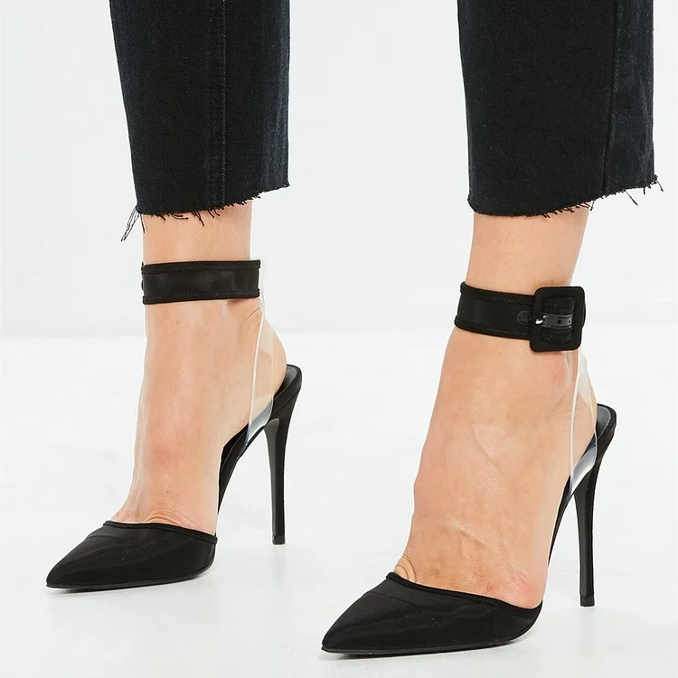 Black transparent Heels Pointy Toe Stiletto Heel Slingback Ankle Strap Pumps |FSJ Shoes