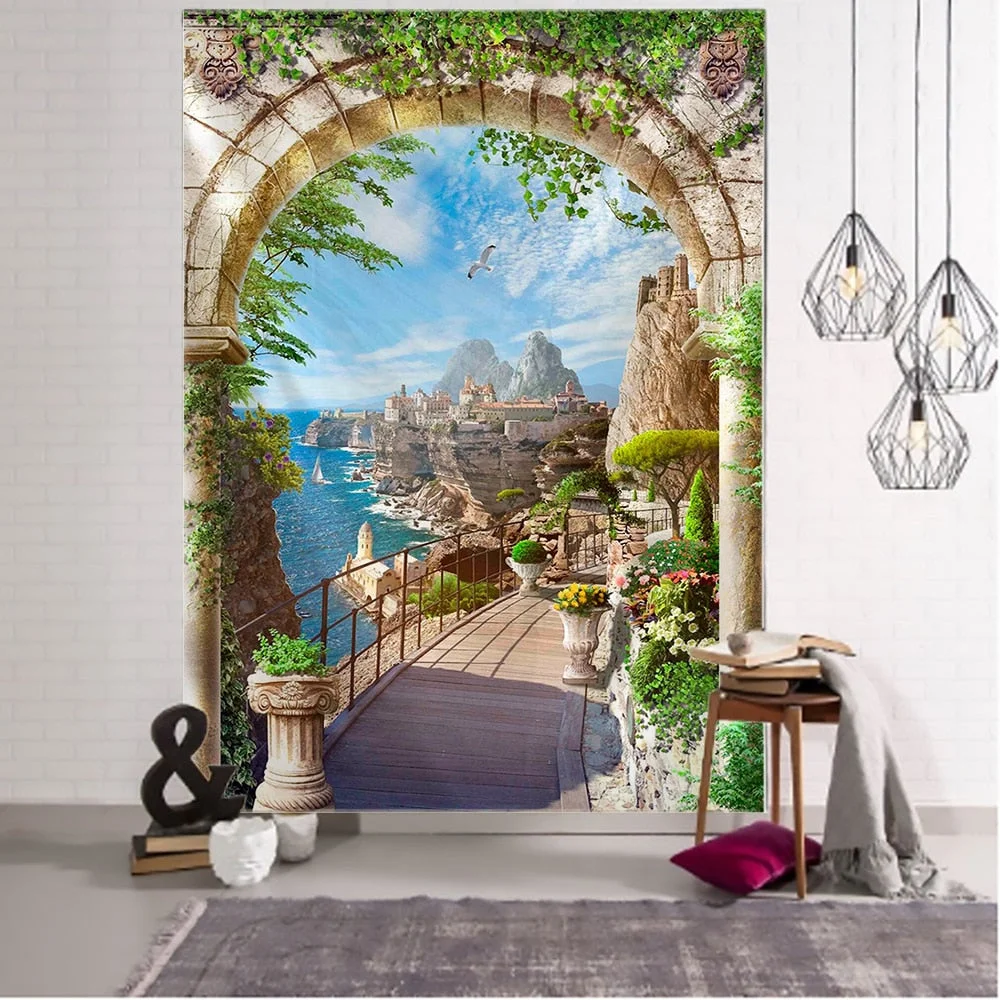 Corridor Scenery Wall Hanging Landscape Tapestry Sea Beach Wall Cloth Beach Mat Flower Blanket Home Decoration