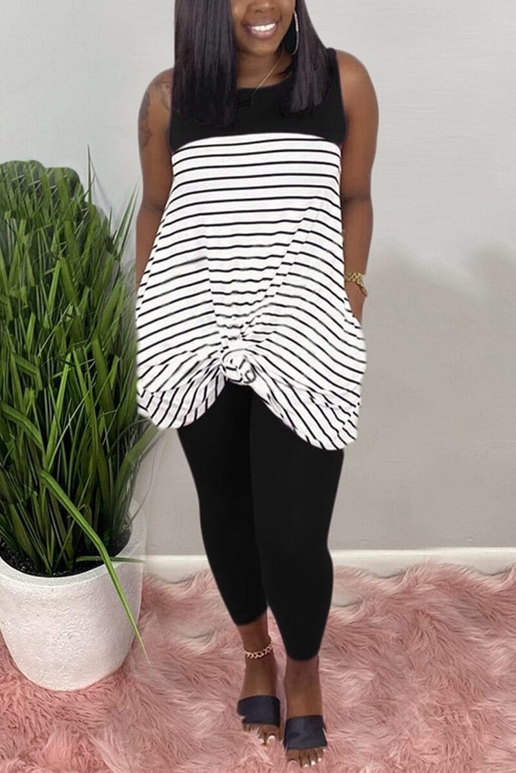 Fashion Striped Print Sleeveless Top Trouser Set - BlackFridayBuys