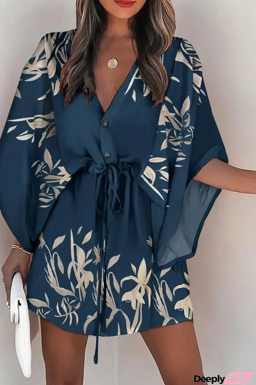 Casual Print Patchwork V Neck Waist Skirt Dresses(8 colors)