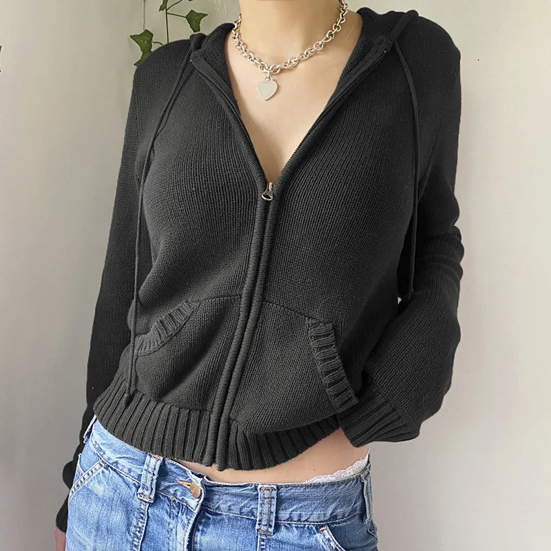 Vurtigorasn Women’s Knit Coat Zip Up Hooded Jacket Solid Color Long Sleeve Sweatshirt Autumn Casual Punk Gothic Grunge Y2K Tops Outerwear
