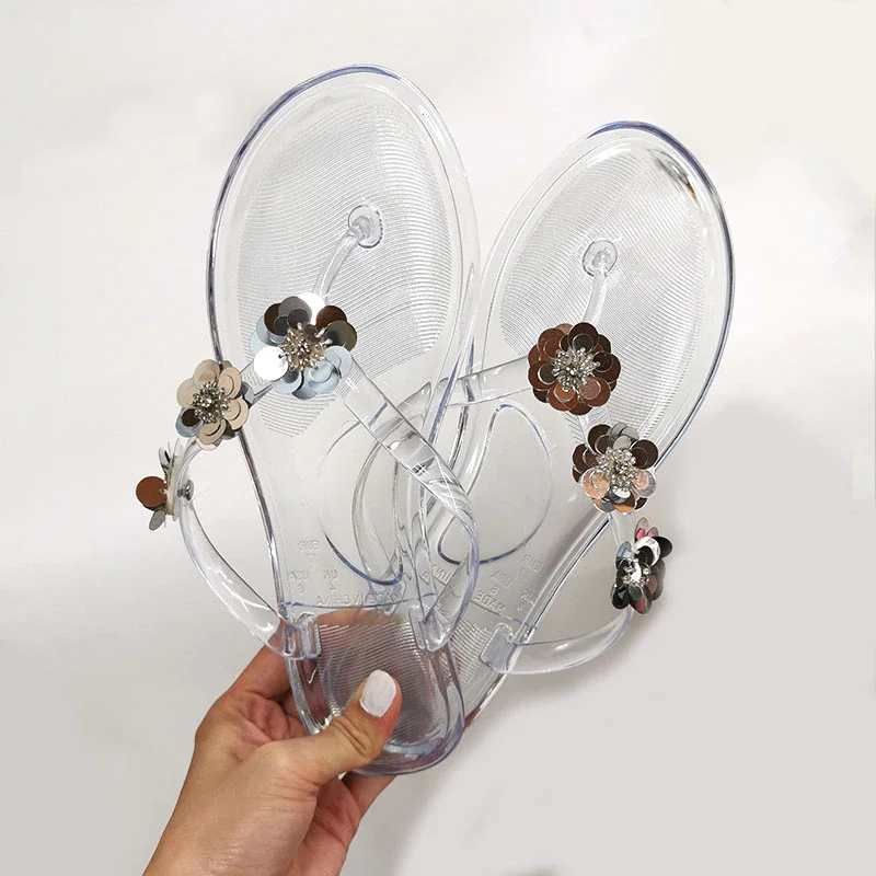 Qengg Jelly Shoes Summer Flip Flops Flat EVA Craft Sequins Flowers Slippers Summer Shoes Cool Beach Shoe Big Size 40 41