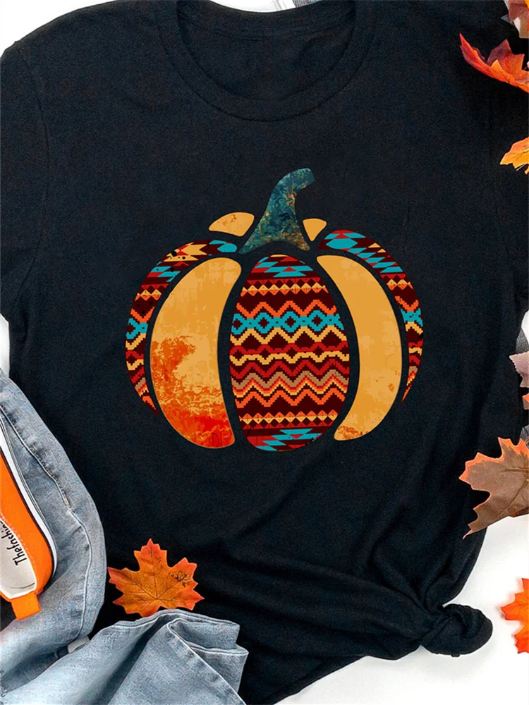 Vefave Black Tribal Fun Pumpkin Graphic Print Casual T Shirt