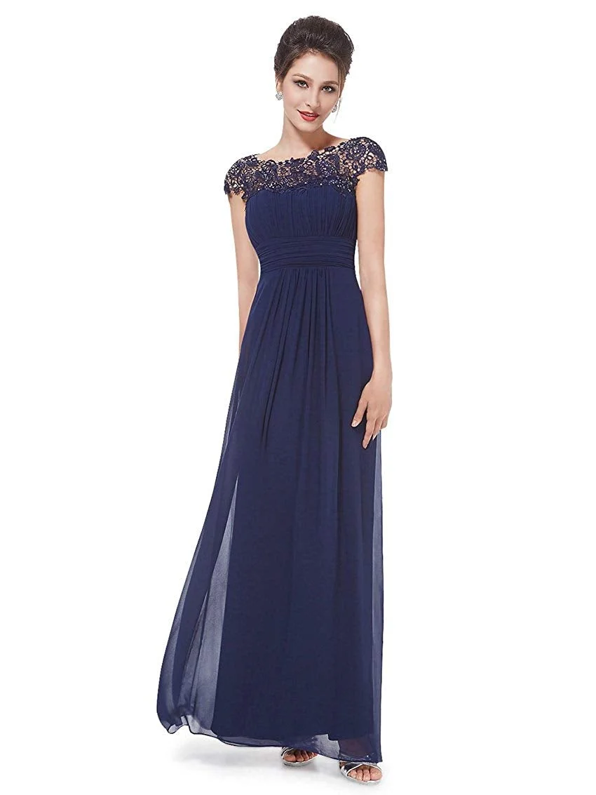 Evening Dress Womens Cap Sleeve Lace Neckline Ruched Bust Evening Gown